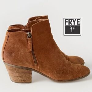 Frye Judy Zip Bootie Brown Cognac Suede Leather Double Zip Ankle Boots Size 10